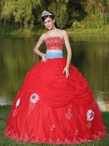 Strapless Red Quinceanera Dress with Hand Made Flower Beaded