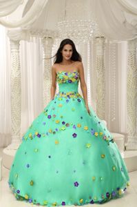 Apple Green Quninceaera Gown Sweetheart with Hand Made Flowers