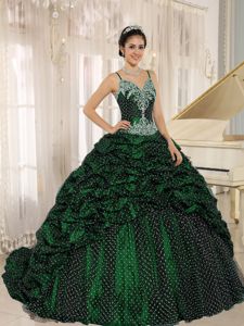 Pick-ups Spaghetti Straps Appliques Beaded Quinceanera Gowns in Dark Green