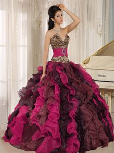 Multi-color Quinceanera Dress V-neck Ruffled Leopard Printing and Beading