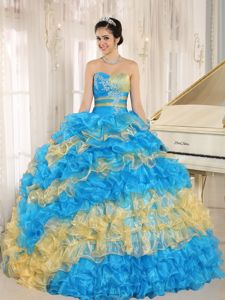 Yellow and Blue Sweetheart Ruffled Quinceanera Gown Dresses
