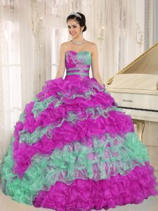 Quinceanera Dress with Ruffles and Appliques Sweetheart in Hot Pink and Green