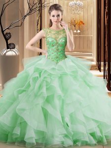 Scoop Sleeveless Tulle Brush Train Lace Up 15th Birthday Dress in Apple Green with Beading and Ruffles
