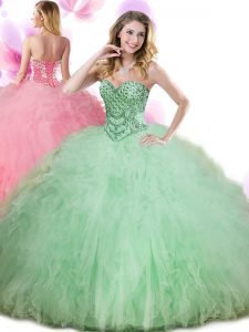 Pretty Apple Green Tulle Lace Up Sweetheart Sleeveless Floor Length Ball Gown Prom Dress Beading and Ruffles