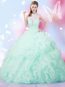 Glorious Sleeveless Floor Length Beading and Ruffles and Pick Ups Lace Up Sweet 16 Dresses with Apple Green