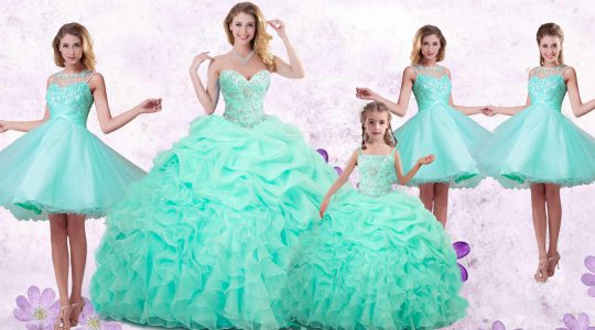 Apple Green Ball Gowns Organza Sweetheart Sleeveless Beading and Ruffles and Pick Ups Floor Length Lace Up Quinceanera Dresses
