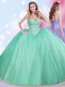 Modern Apple Green Tulle Lace Up Sweetheart Sleeveless Floor Length Quinceanera Gowns Beading