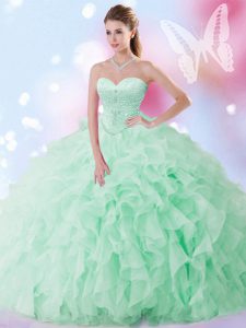 Cute Sleeveless Floor Length Beading and Ruffles Lace Up Vestidos de Quinceanera with Apple Green