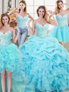 Great Four Piece Floor Length Aqua Blue Sweet 16 Dress Organza Sleeveless Beading and Ruffles and Pick Ups