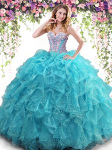 Aqua Blue Sleeveless Beading and Ruffles Floor Length Ball Gown Prom Dress