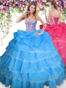 Eye-catching Baby Blue Lace Up Sweet 16 Quinceanera Dress Beading and Ruffled Layers and Pick Ups Sleeveless Floor Length