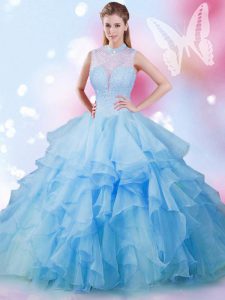 Baby Blue High-neck Neckline Beading and Ruffles Quinceanera Gowns Sleeveless Lace Up