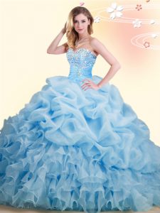 Fancy Sweetheart Sleeveless 15 Quinceanera Dress With Brush Train Beading and Ruffles and Pick Ups Baby Blue Organza