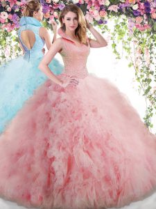 Ball Gowns Ball Gown Prom Dress Baby Pink High-neck Tulle Sleeveless Floor Length Backless