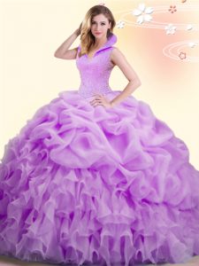 Lilac Ball Gowns High-neck Sleeveless Organza Floor Length Backless Beading and Appliques and Pick Ups Ball Gown Prom Dress