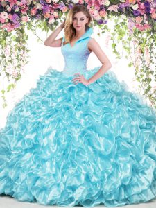 High-neck Sleeveless Organza Quinceanera Gowns Beading and Ruffles Backless