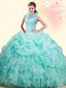 Best Apple Green Sleeveless Beading and Ruffles and Pick Ups Backless Quinceanera Dress