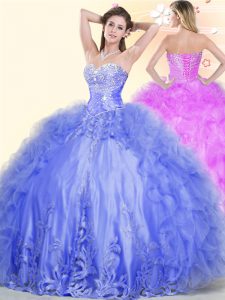 Pretty Sleeveless Beading and Ruffles Lace Up Quince Ball Gowns
