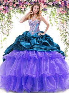 Multi-color Ball Gowns Sweetheart Sleeveless Organza and Taffeta With Brush Train Lace Up Beading and Ruffled Layers and Pick Ups Ball Gown Prom Dress