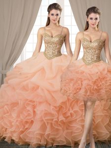 Three Piece Peach Sweet 16 Quinceanera Dress Military Ball and Sweet 16 and Quinceanera and For with Beading and Ruffles and Pick Ups Spaghetti Straps Sleeveless Lace Up