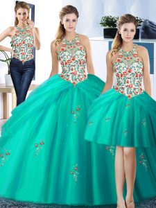 Fantastic Three Piece Halter Top Sleeveless Quinceanera Gowns Floor Length Embroidery and Pick Ups Turquoise Tulle