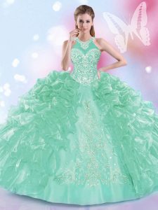 Halter Top Apple Green Ball Gowns Appliques and Ruffles Vestidos de Quinceanera Lace Up Organza Sleeveless Floor Length