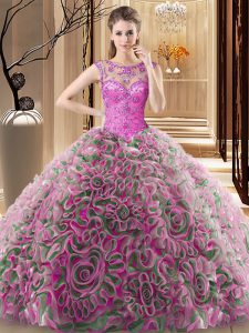 Fabulous Scoop Fabric With Rolling Flowers Sleeveless 15th Birthday Dress Sweep Train and Beading