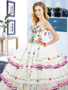 Edgy Organza and Taffeta Sleeveless Floor Length Quinceanera Dresses and Embroidery and Ruffled Layers