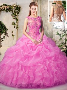 Rose Pink Ball Gowns Scoop Sleeveless Organza Floor Length Lace Up Beading and Ruffles and Pick Ups Quince Ball Gowns