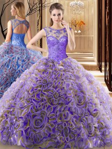 Free and Easy Scoop Lace Up Sweet 16 Dress Multi-color for Military Ball and Sweet 16 and Quinceanera with Beading Brush Train