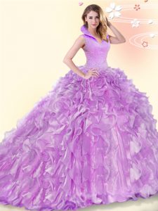 Customized Lilac Backless High-neck Beading and Ruffles Quinceanera Dress Organza Sleeveless Brush Train
