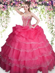 Captivating Pick Ups Ruffled Coral Red Sleeveless Organza Lace Up Quinceanera Gown for Military Ball and Sweet 16 and Quinceanera