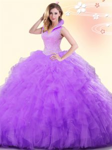 Backless Floor Length Lavender 15th Birthday Dress Tulle Sleeveless Beading and Ruffles