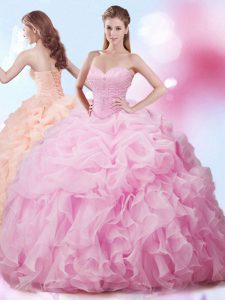 Custom Made Sleeveless With Train Beading and Ruffles and Pick Ups Lace Up Ball Gown Prom Dress with Rose Pink Brush Train