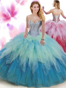 Traditional Multi-color Lace Up 15 Quinceanera Dress Beading and Ruffles Sleeveless Floor Length