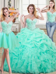 Sexy Three Piece Apple Green Organza Lace Up Vestidos de Quinceanera Sleeveless Floor Length Beading and Ruffles and Pick Ups