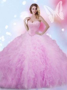 Lilac Tulle Lace Up Sweetheart Sleeveless Floor Length 15th Birthday Dress Beading and Ruffles