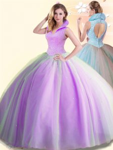 Fancy Lilac Ball Gowns High-neck Sleeveless Tulle Floor Length Backless Beading 15th Birthday Dress