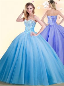 Extravagant Floor Length Lace Up Sweet 16 Dress Baby Blue for Military Ball and Sweet 16 and Quinceanera with Beading
