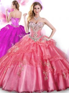 Beautiful Sleeveless Organza Floor Length Lace Up 15th Birthday Dress in Coral Red with Beading and Appliques