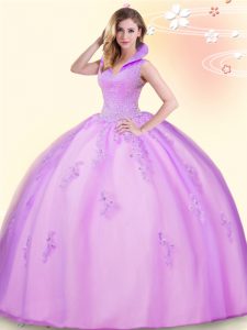 Romantic Ball Gowns Vestidos de Quinceanera Lilac High-neck Tulle Sleeveless Floor Length Backless