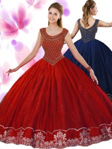 Glorious Scoop Wine Red Tulle Zipper Quinceanera Gown Sleeveless Floor Length Beading and Appliques