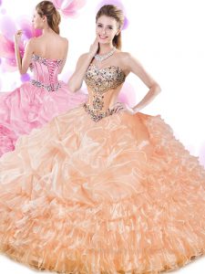 Gorgeous Organza Sleeveless Floor Length Ball Gown Prom Dress and Beading and Ruffled Layers and Pick Ups