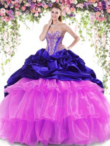 Great Organza and Taffeta Sweetheart Sleeveless Brush Train Lace Up Beading and Ruffled Layers and Pick Ups Sweet 16 Dresses in Multi-color