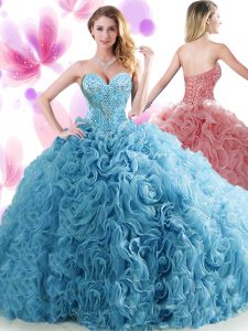Blue Ball Gowns Beading and Ruffles Quinceanera Dresses Lace Up Organza Sleeveless
