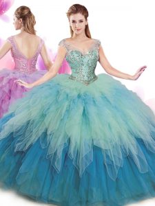 Fantastic Multi-color Vestidos de Quinceanera Military Ball and Sweet 16 and Quinceanera and For with Beading and Ruffles V-neck Cap Sleeves Lace Up