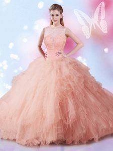 Lovely Floor Length Lace Up Quince Ball Gowns Peach for Military Ball and Sweet 16 and Quinceanera with Beading and Ruffles