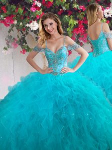 Custom Fit Off The Shoulder Sleeveless Tulle Sweet 16 Dresses Beading and Ruffles Lace Up