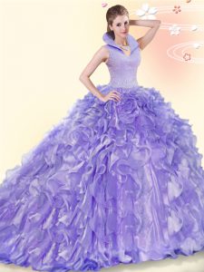 Lavender Backless Quinceanera Gowns Beading and Ruffles Sleeveless Brush Train