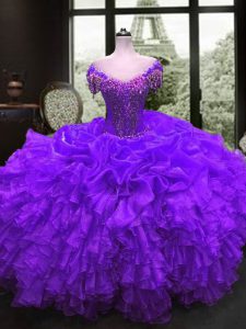 Wonderful Purple Cap Sleeves Organza Lace Up Quinceanera Dress for Military Ball and Sweet 16 and Quinceanera